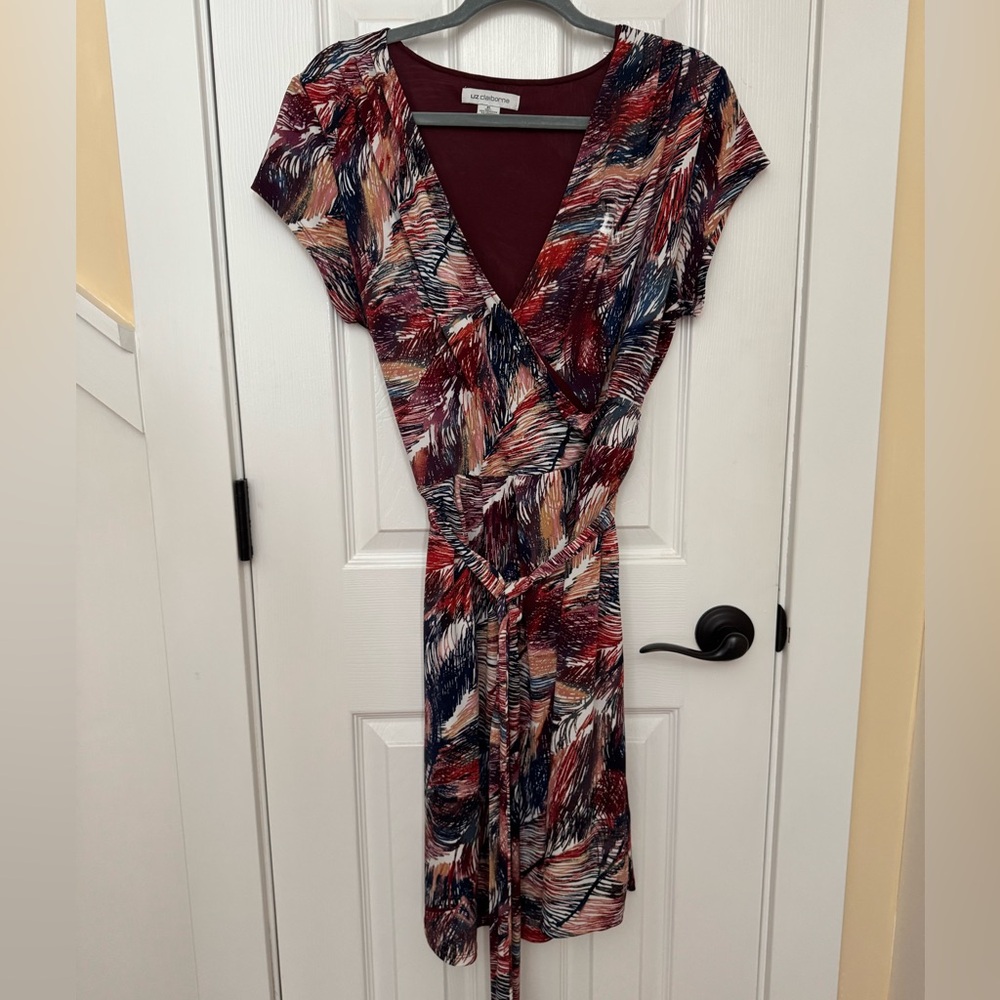 Liz Claiborne Multicolor Wrap Dress – Red, Navy & Cream Print